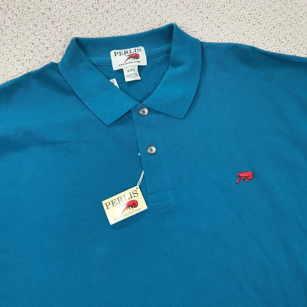 Perlis New Orleans Crawfish Logo Polo Shirt Mens XXL Teal Blue Peruvian Cotton